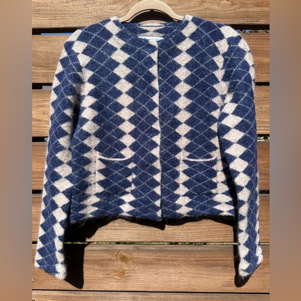 Zara Blue and White Diamond-Pattern Cardigan